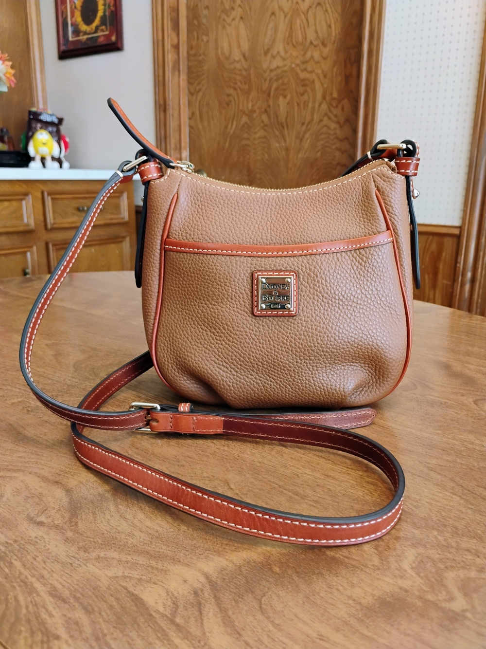 Dooney & Bourke "Margot" 2-tone Brown Pebbled Leather Crossbody with Tan Trim